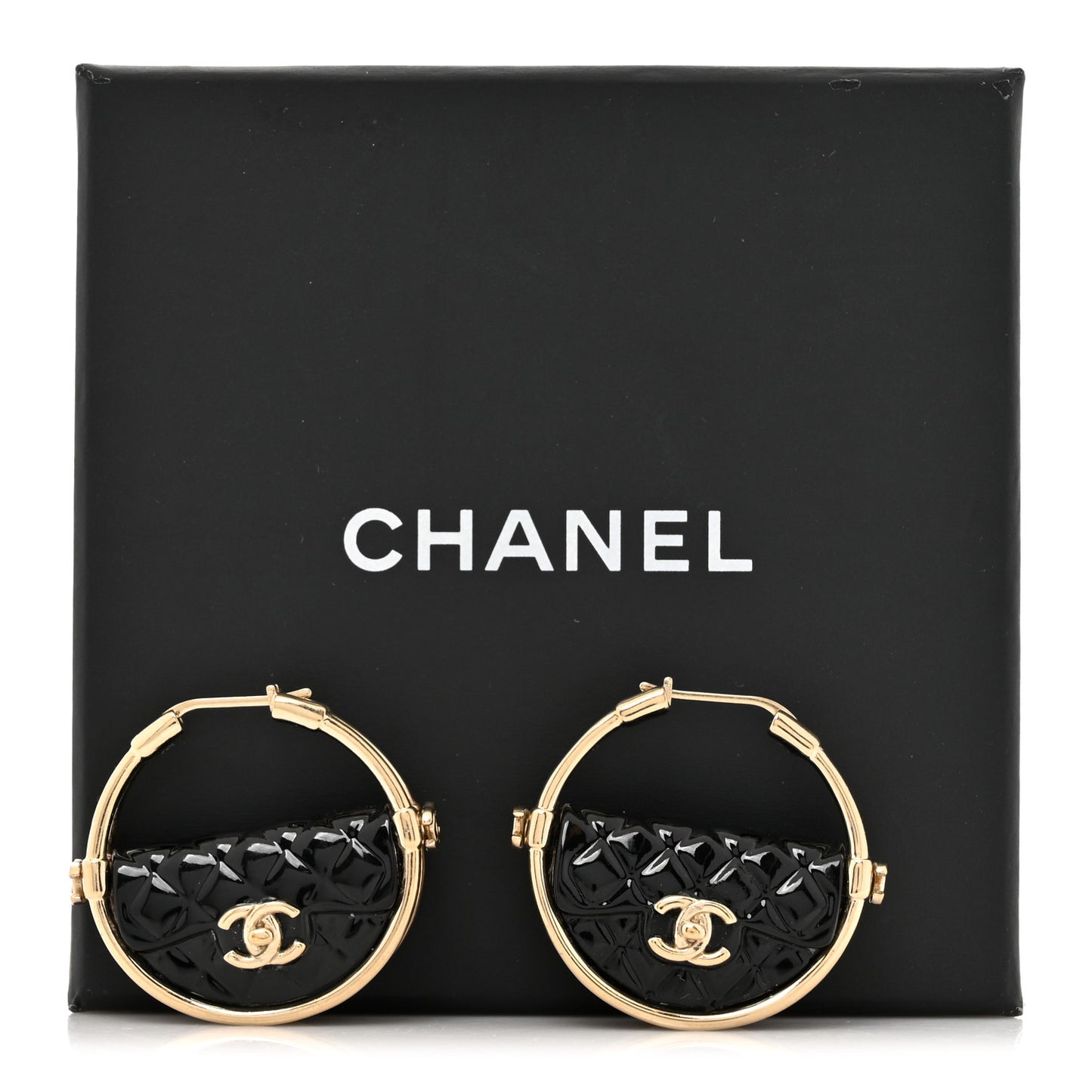 Metal Resin Quilted Flap Bag Hoop Earrings Black Gold