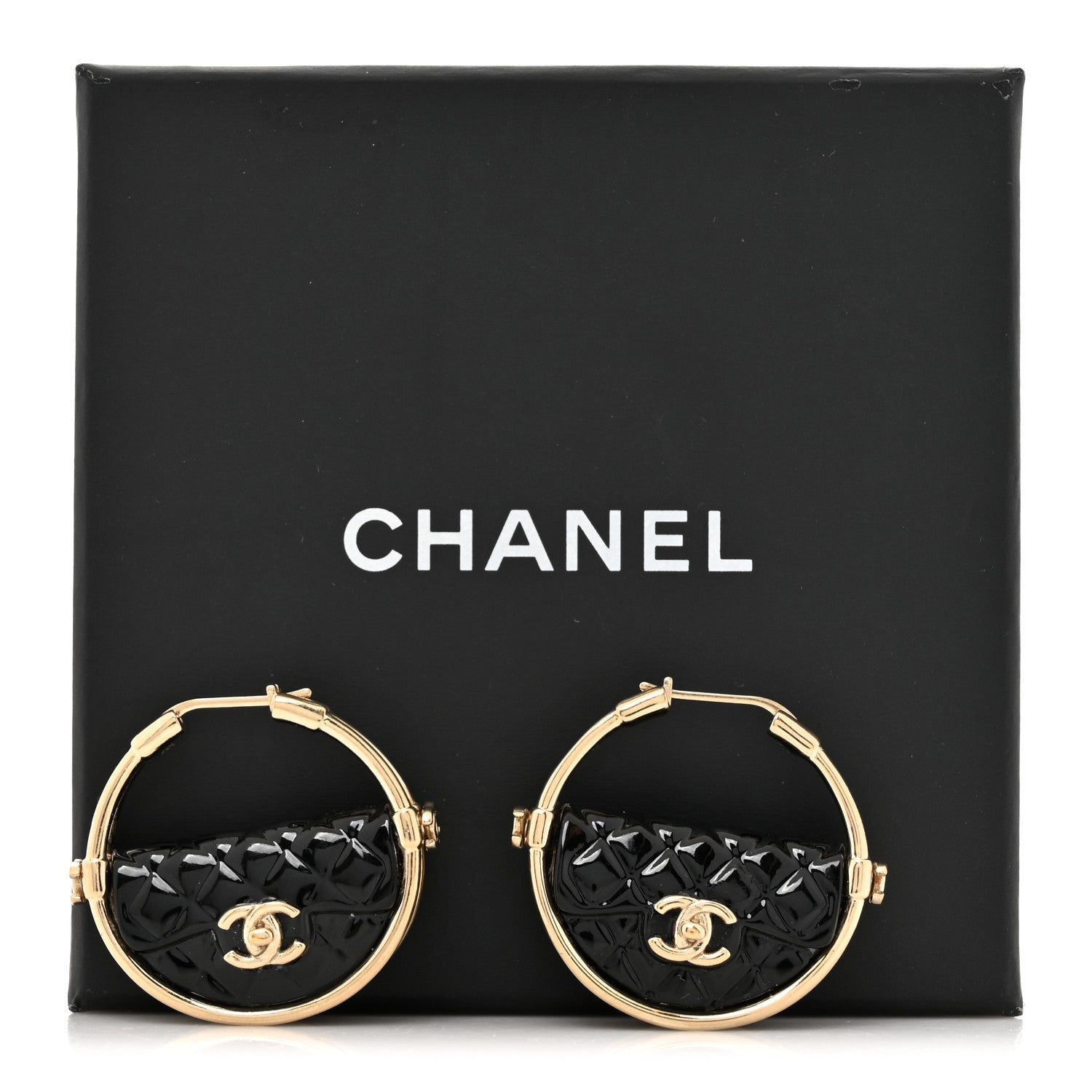 Chanel Metal Resin Quilted Flap Bag Hoop Earrings Black Gold 5 of 5