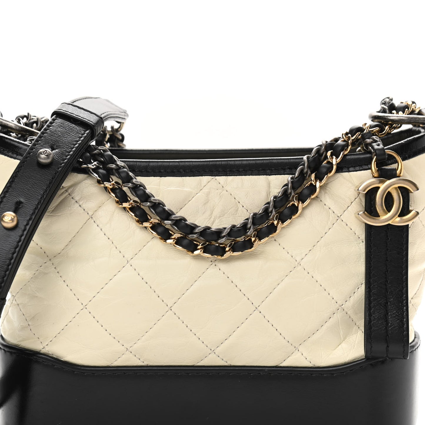 Aged Calfskin Quilted Small Gabrielle Hobo Black White