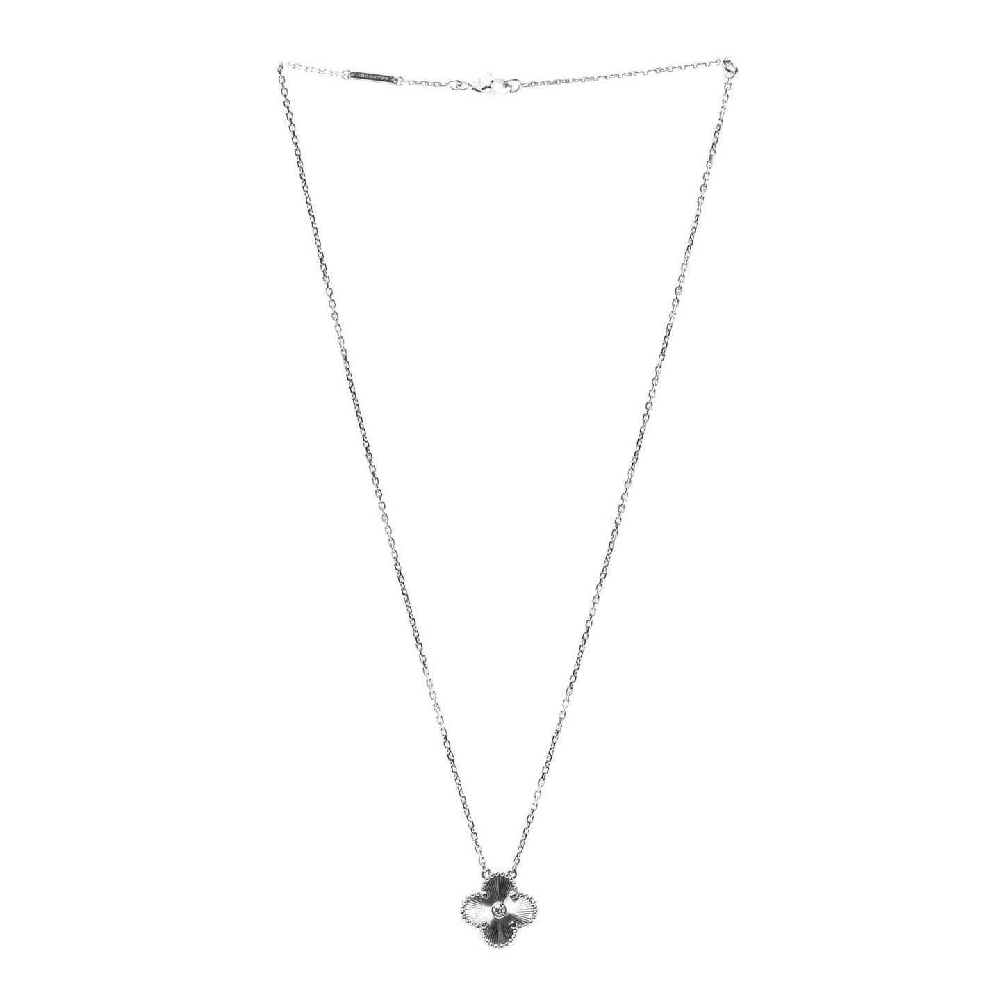 18K White Gold Diamond Guilloche Vintage Alhambra Pendant Necklace