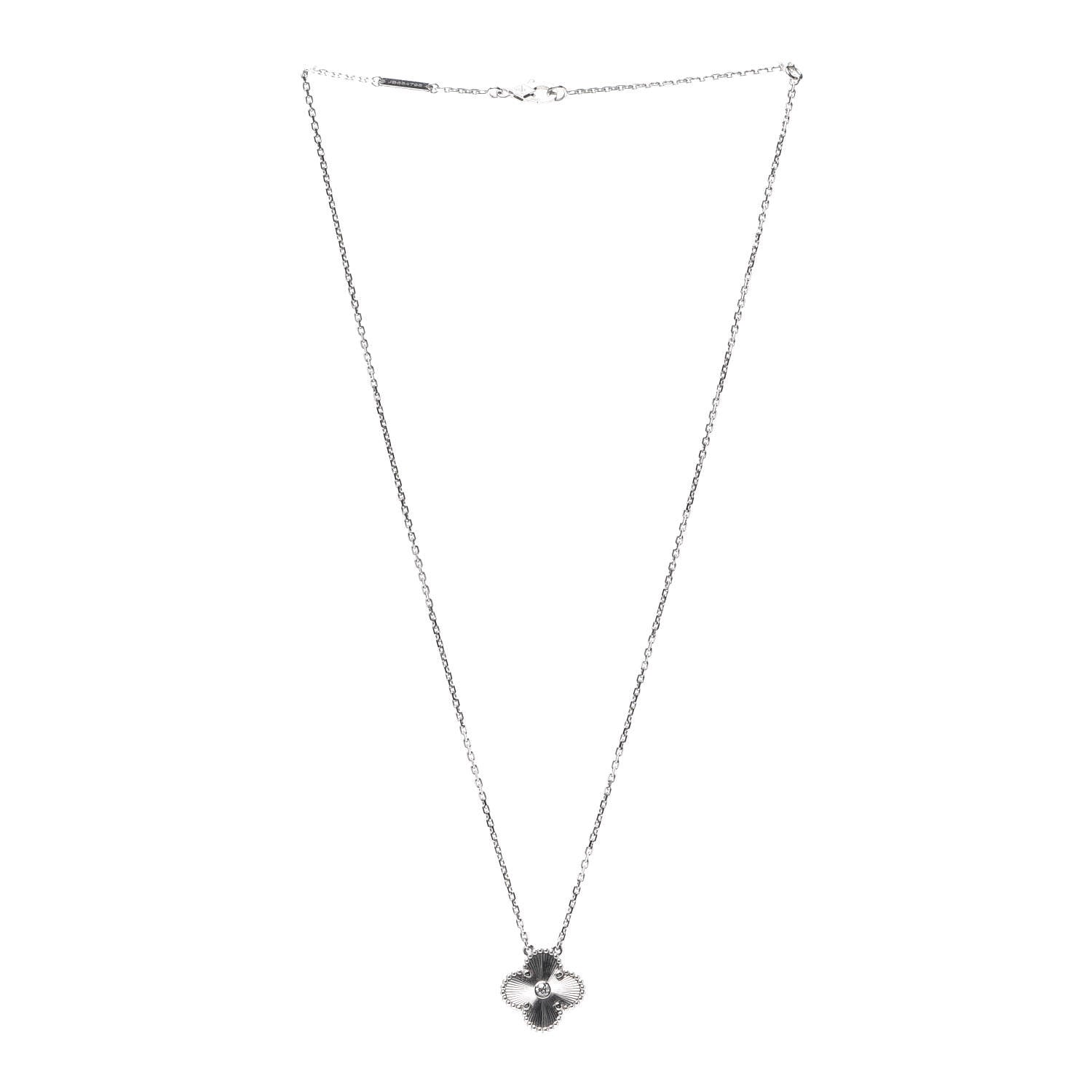 Van Cleef & Arpels 18K White Gold Diamond Guilloche Vintage Alhambra Pendant Necklace 3 of 8