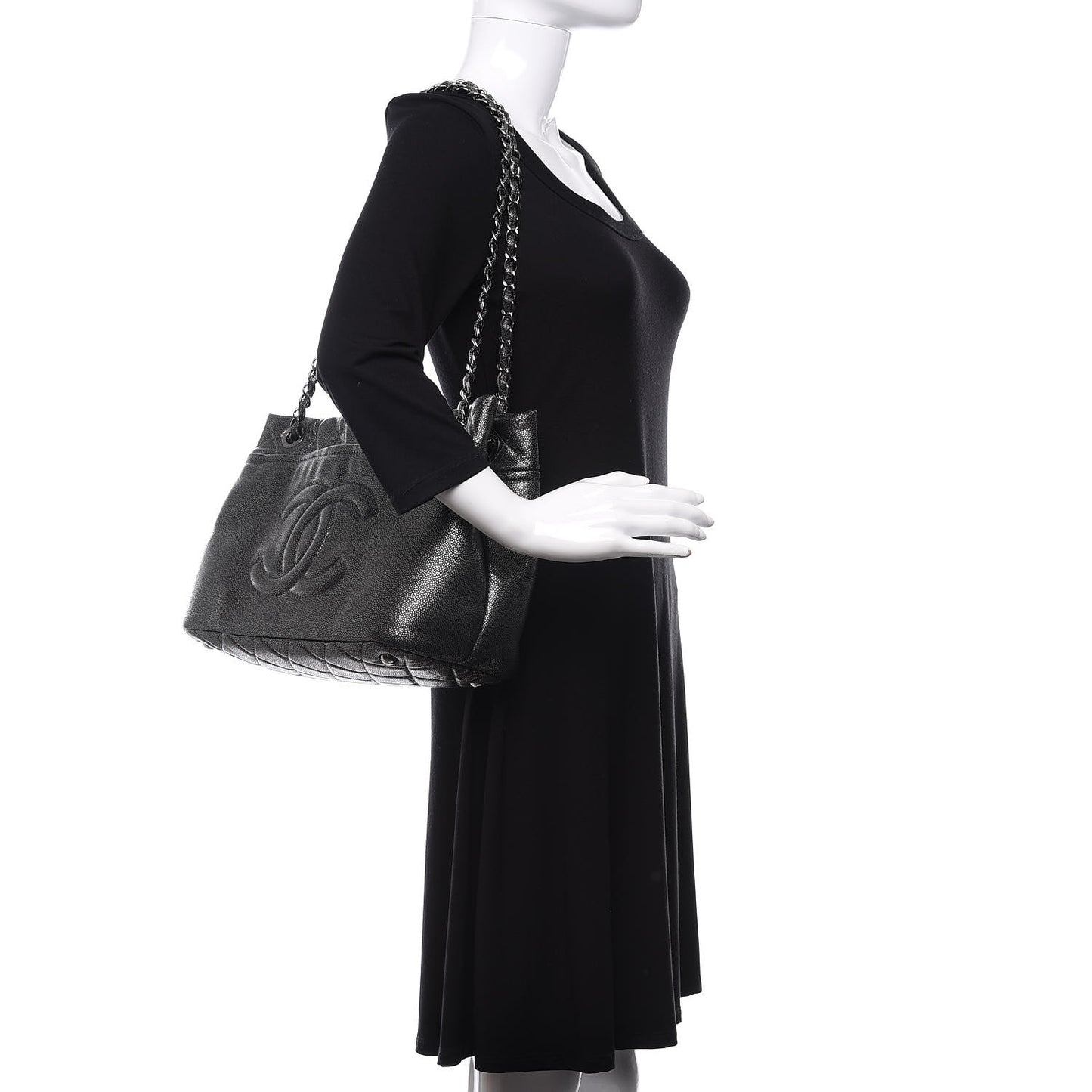 Metallic Caviar Quilted CC Timeless Tote Dark Silver