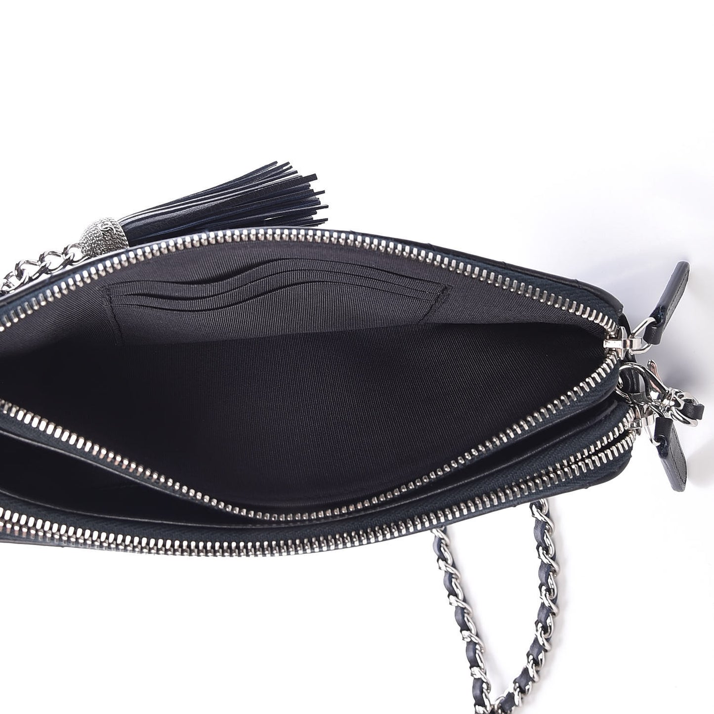 Calfskin Chevron Quilted Tassel Clutch With Chain Navy