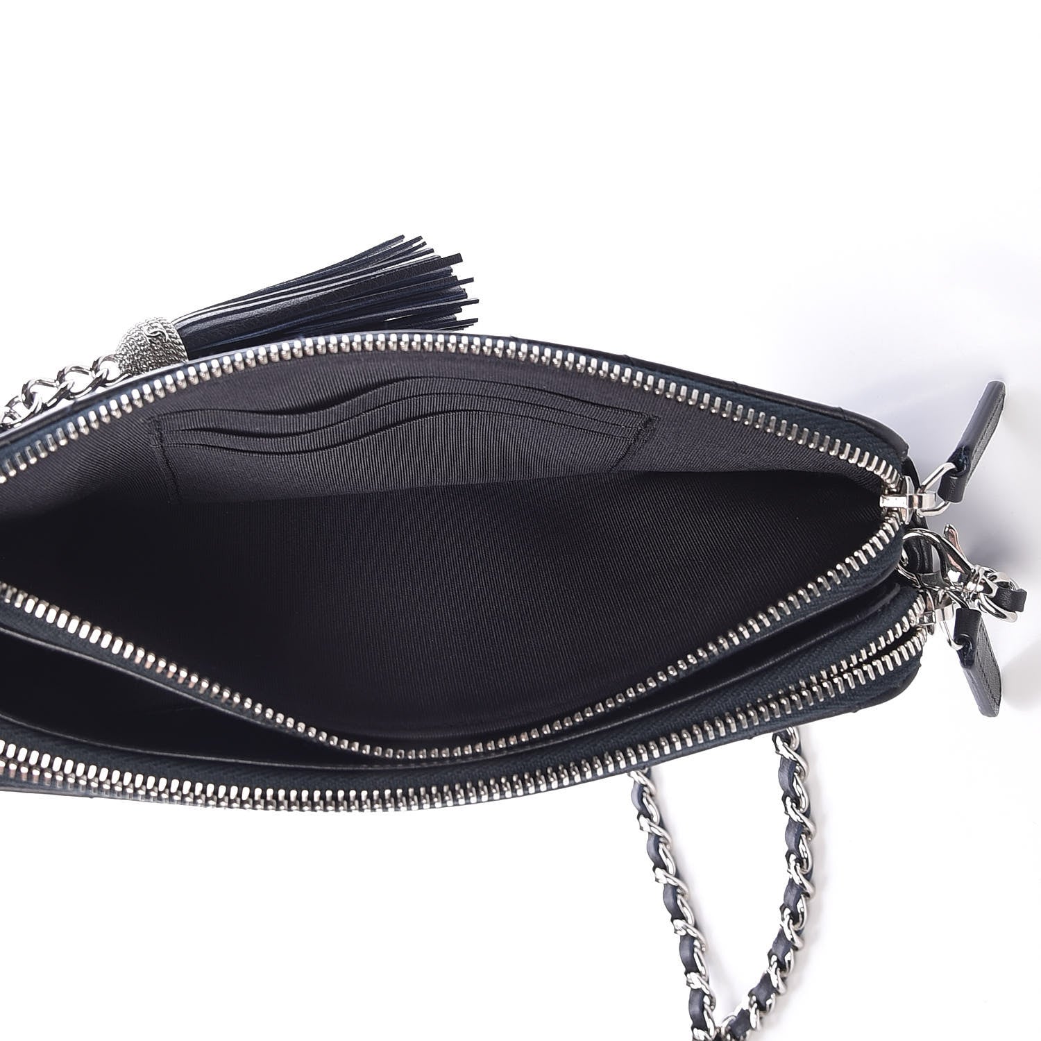 Chanel Calfskin Chevron Quilted Tassel Clutch With Chain Navy 5 of 13
