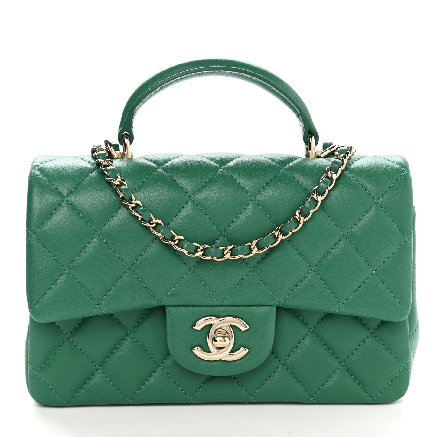 Lambskin Quilted Mini Top Handle Rectangular Flap Green