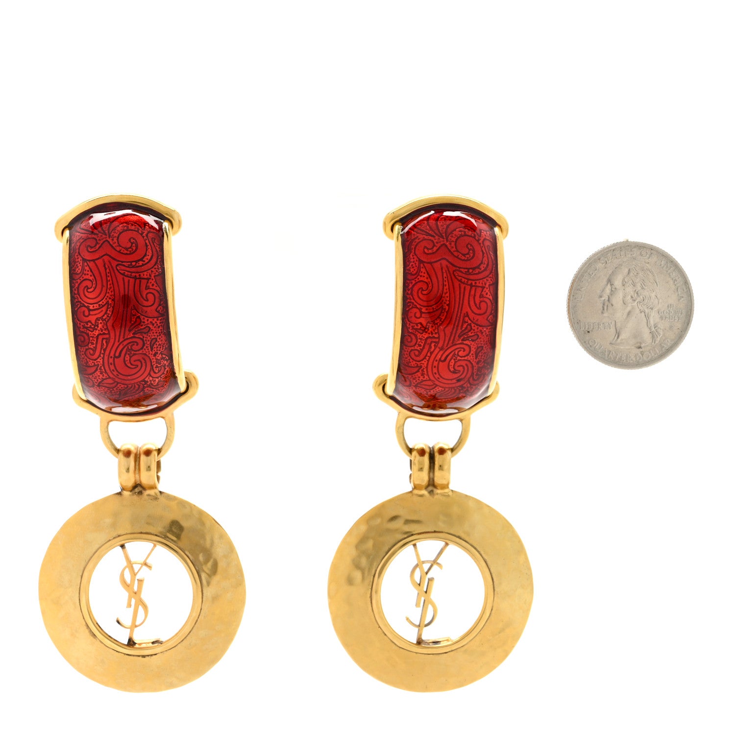 Saint Laurent Metal Dome Clip On Earrings Red Silver 2 of 4