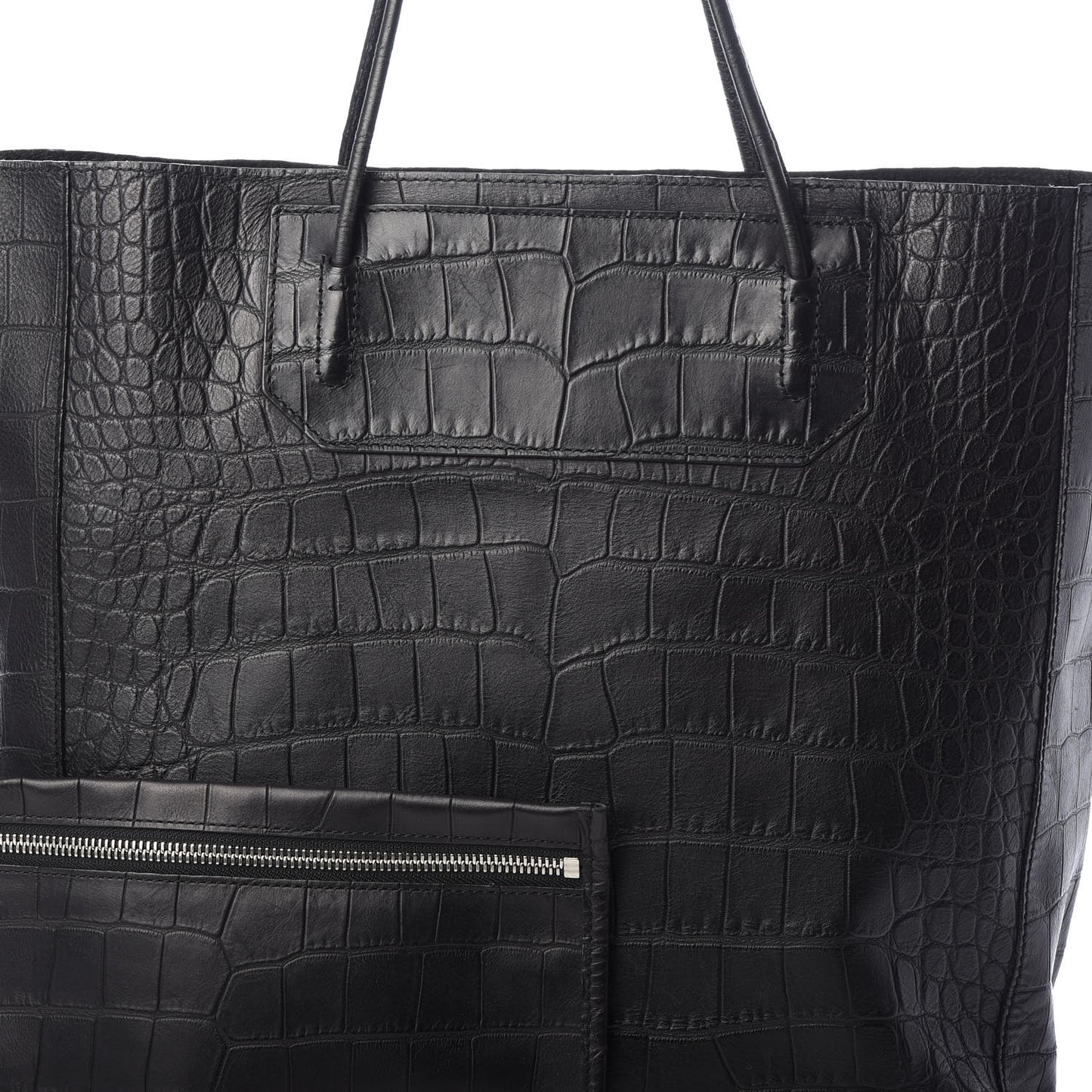 Calfskin Crocodile Embossed Prisma Skeletal Tote Black Silver Hardware