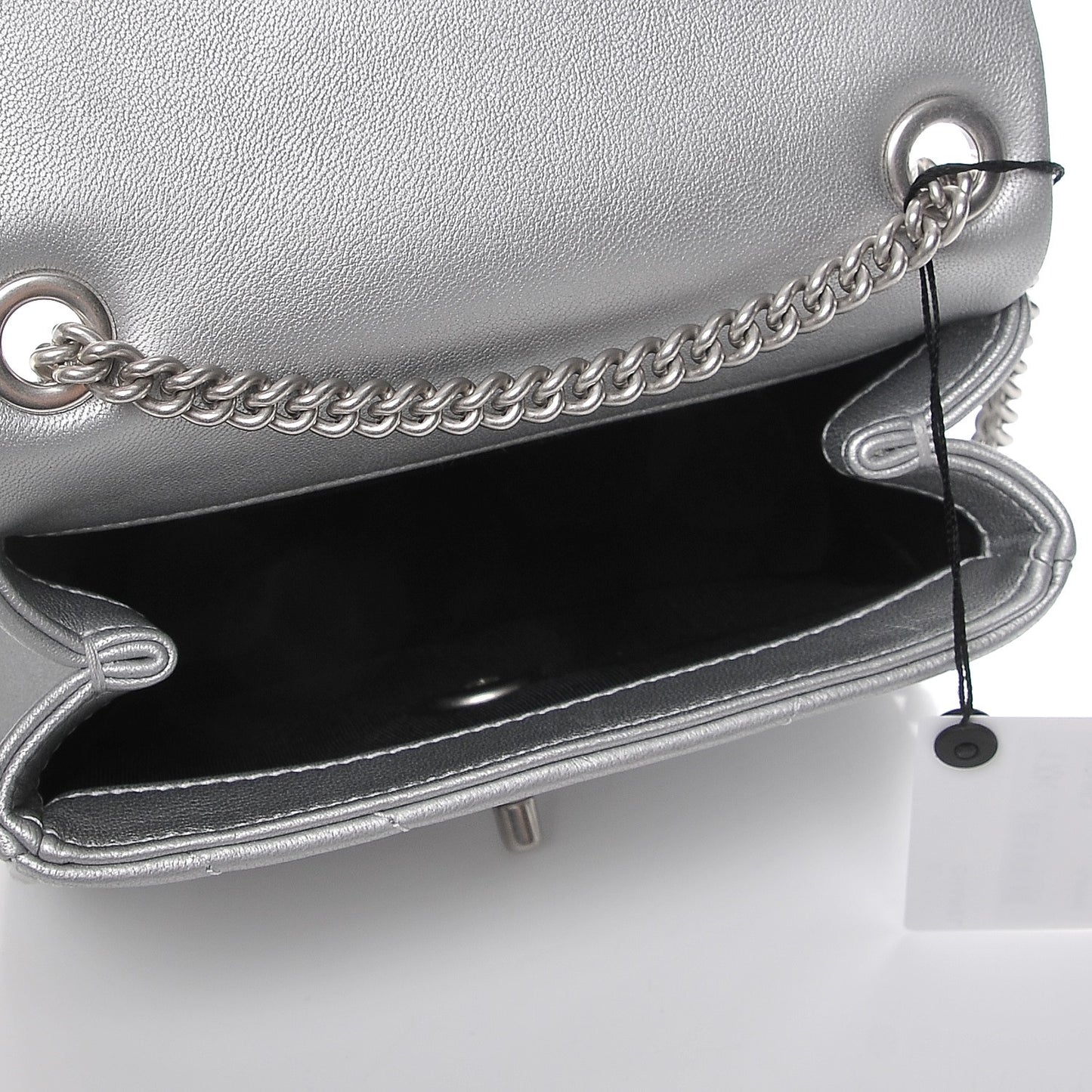 Metallic Lambskin Chevron Quilted Studded Mini Flap Silver