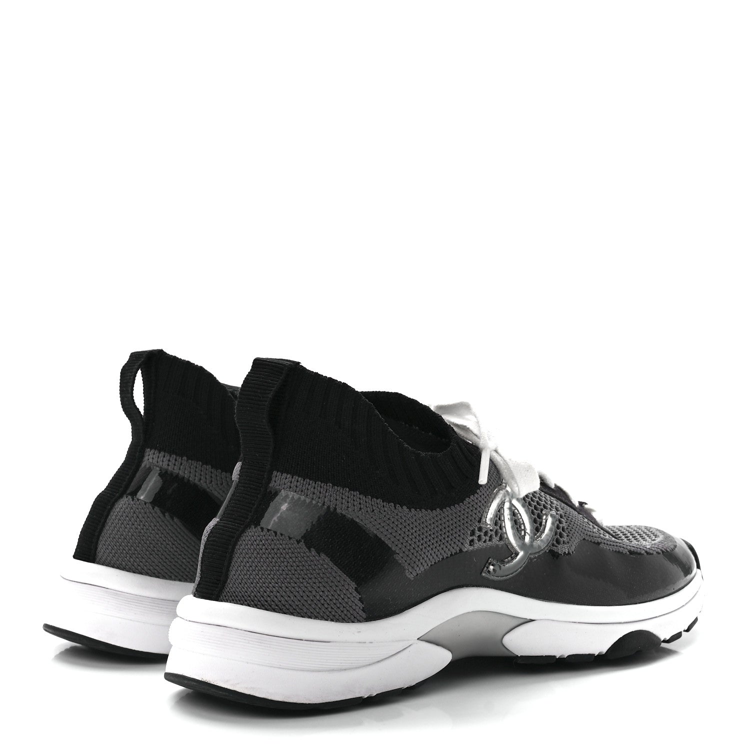 Chanel Fabric Suede Calfskin Stretch CC Sneakers 39 Black Grey 4 of 8