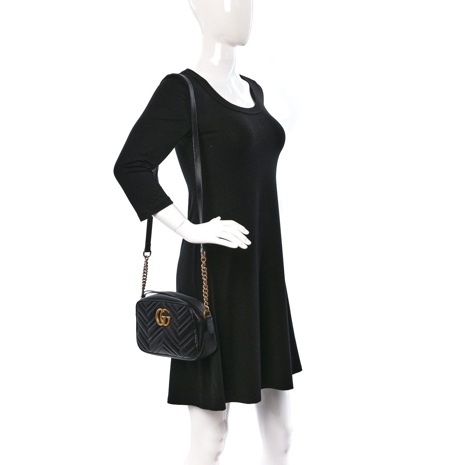 Gucci Calfskin Matelasse Small GG Marmont Chain Shoulder Bag Black 2 of 9