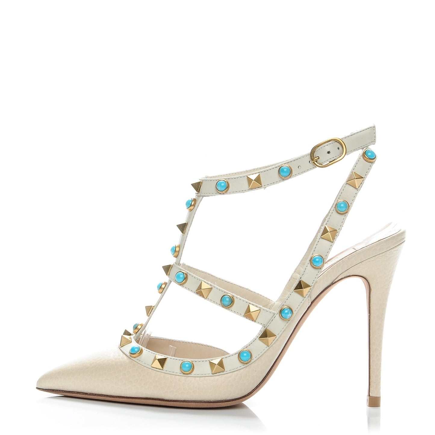 Pebbled Calfskin Turquoise Rockstud Rolling Ankle Strap 100mm Pumps 36 Ivory