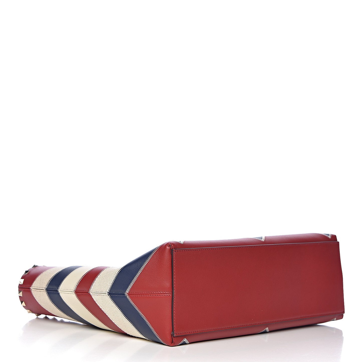 Calfskin Canvas Chevron Inlay Rockstud Shoulder Tote Red White Blue