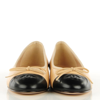 Chanel Lambskin Cap Toe CC Ballerina Flats 36.5 Beige Black 2 of 9