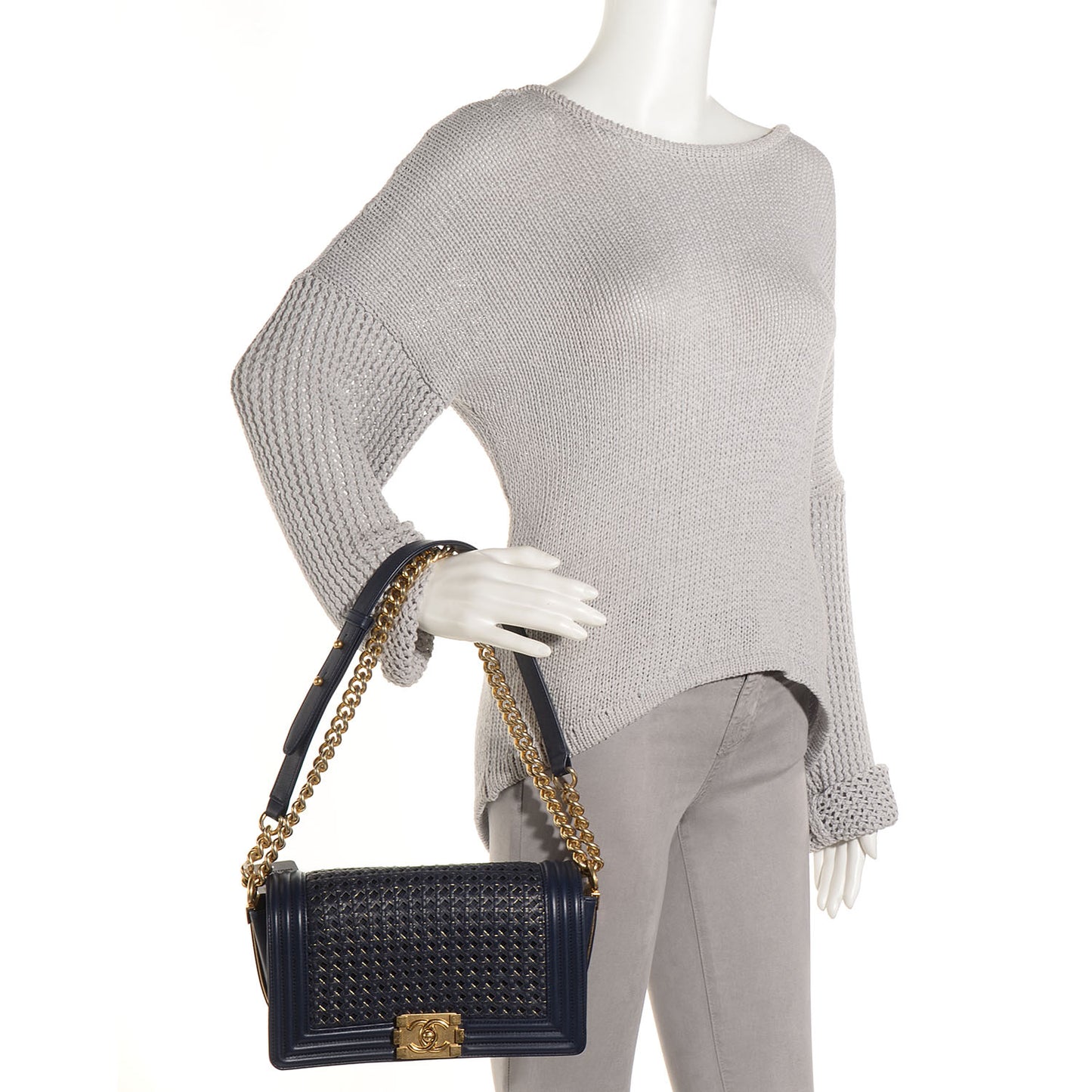 Sheepskin Braided Medium Boy Reverso Flap Navy Blue