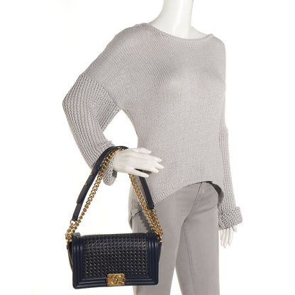 Chanel Sheepskin Braided Medium Boy Reverso Flap Navy Blue 1 of 9