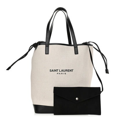Saint Laurent Canvas Calfskin Teddy Drawstring Shopping Tote White Black 1 of 13