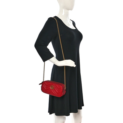 Gucci Calfskin Matelasse Mini GG Marmont Chain Crossbody Bag Hibiscus Red 2 of 10