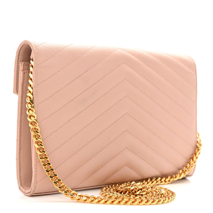 Saint Laurent Grain De Poudre Matelasse Chevron Monogram Chain Wallet Pale Pink 3 of 12