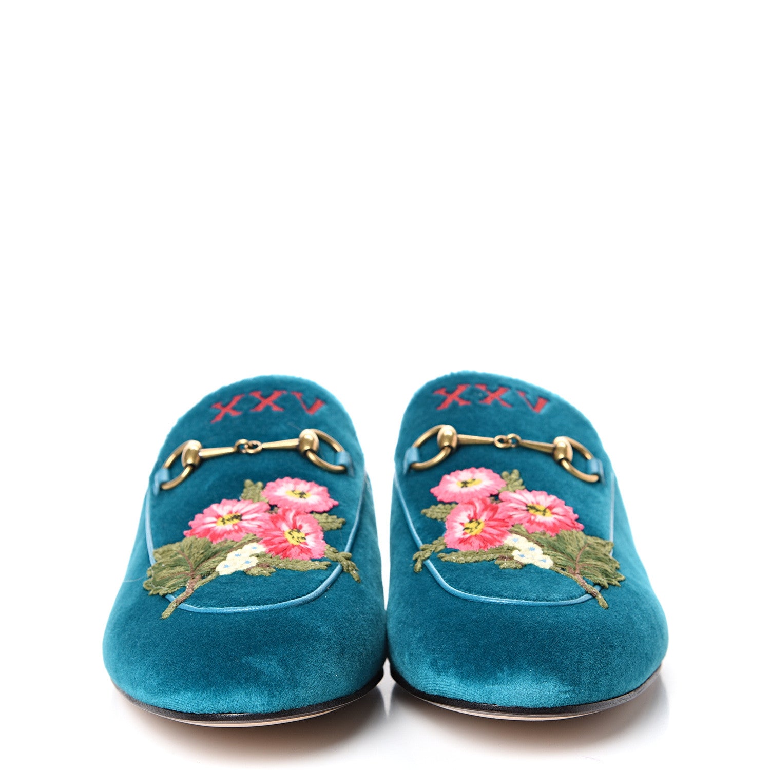 Gucci Velvet Floral Embroidered Womens Princetown Slippers 40 Pavone 2 of 11