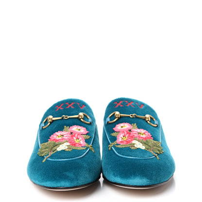 Gucci Velvet Floral Embroidered Womens Princetown Slippers 40 Pavone 2 of 11