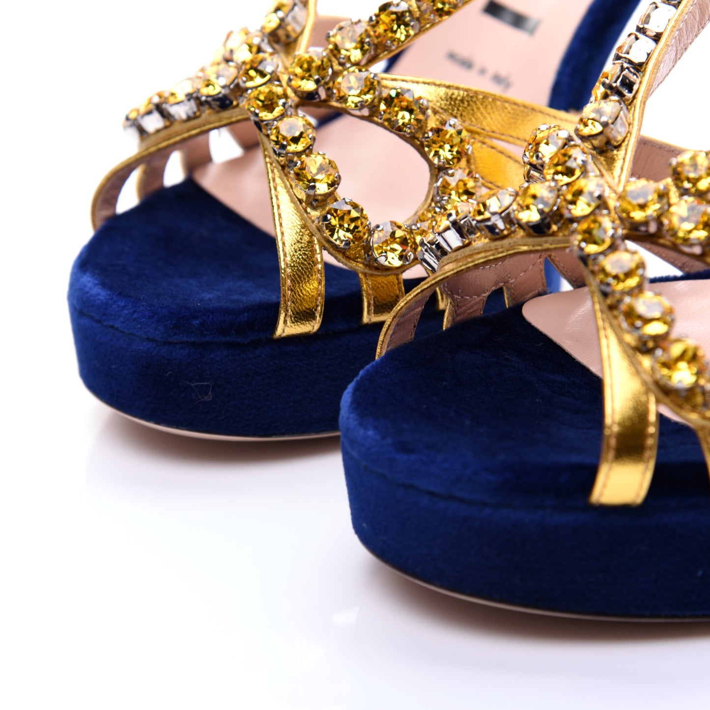 Velvet Nappa Crystal Zephyra Slingback Platform High Heel Sandals 36.5 Blue Gold