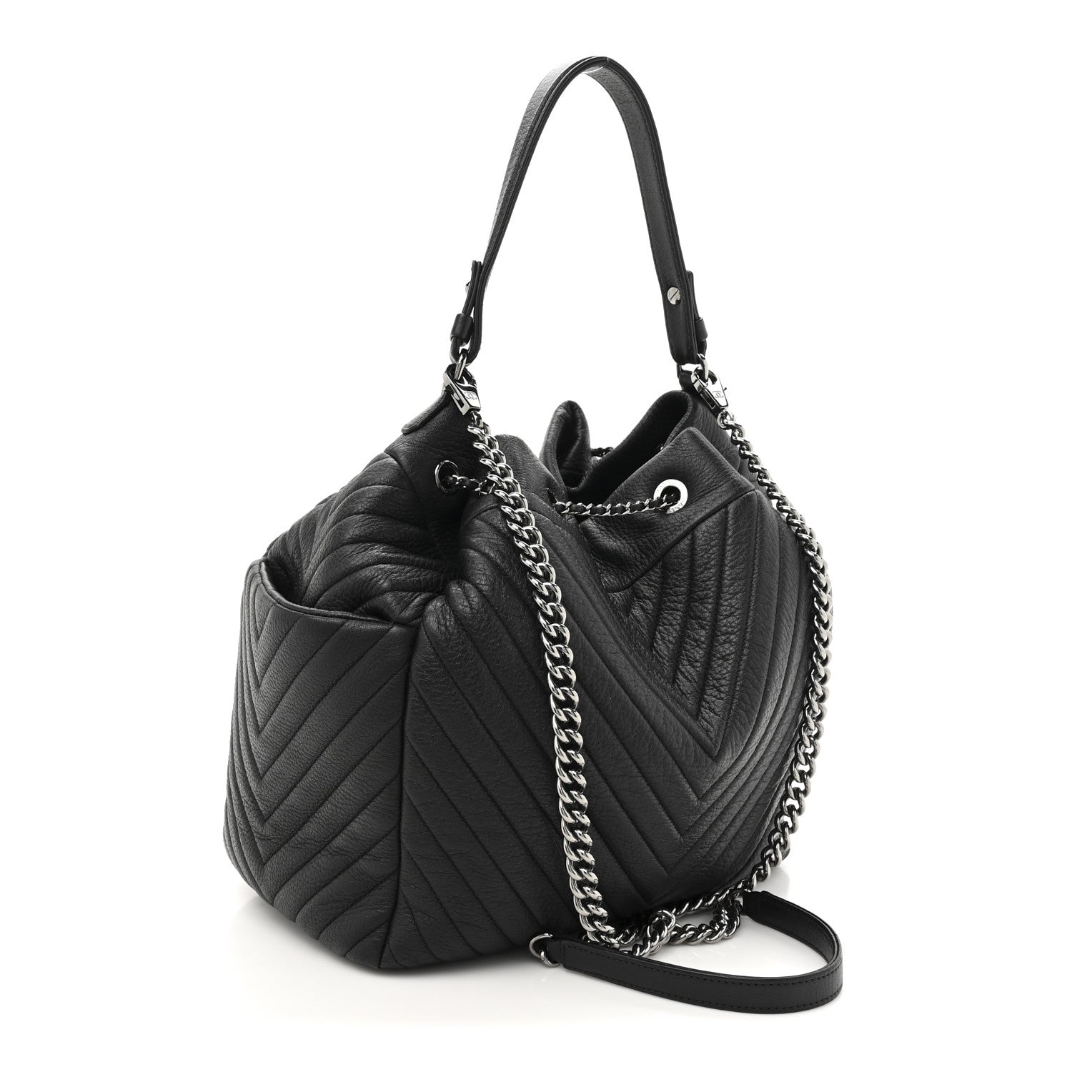 Chanel Deerskin Chevron Medium CC Chain Bucket Drawstring Bag Black 5 of 21