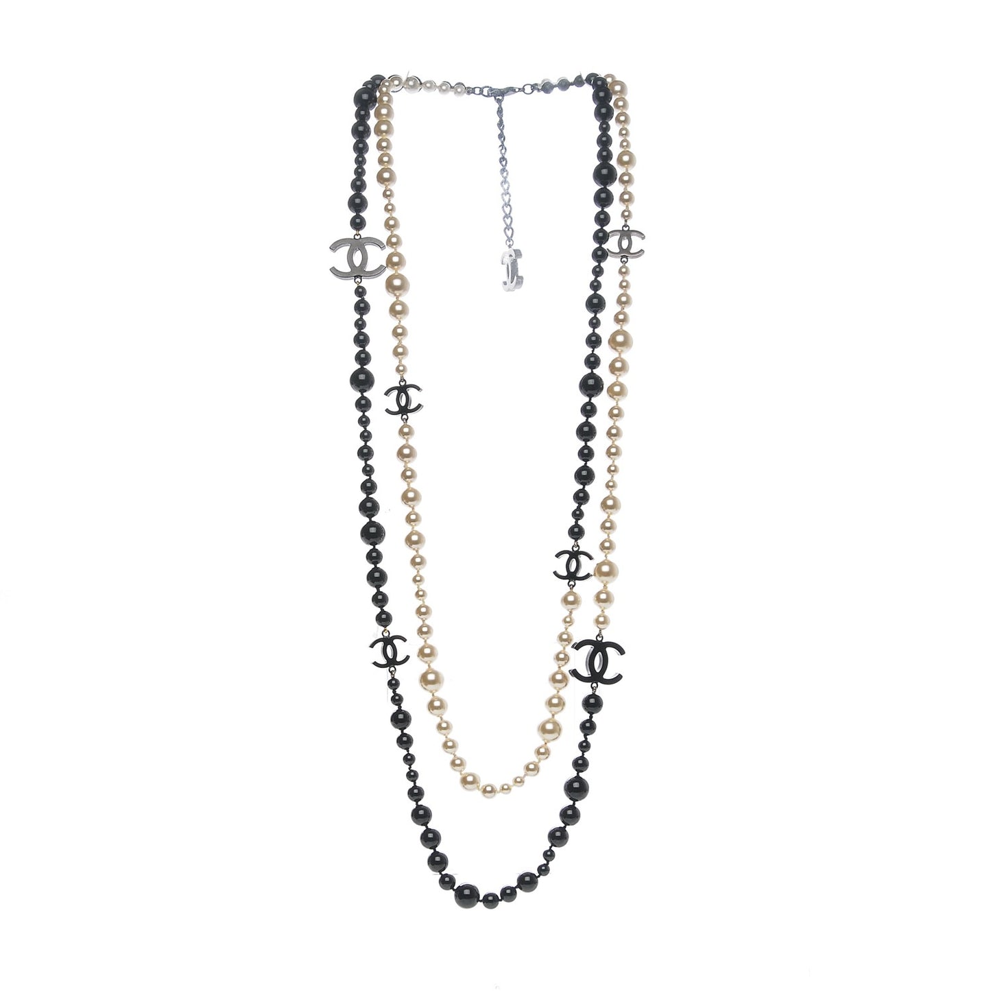 Pearl Bead CC Long Double Strand Necklace Black White