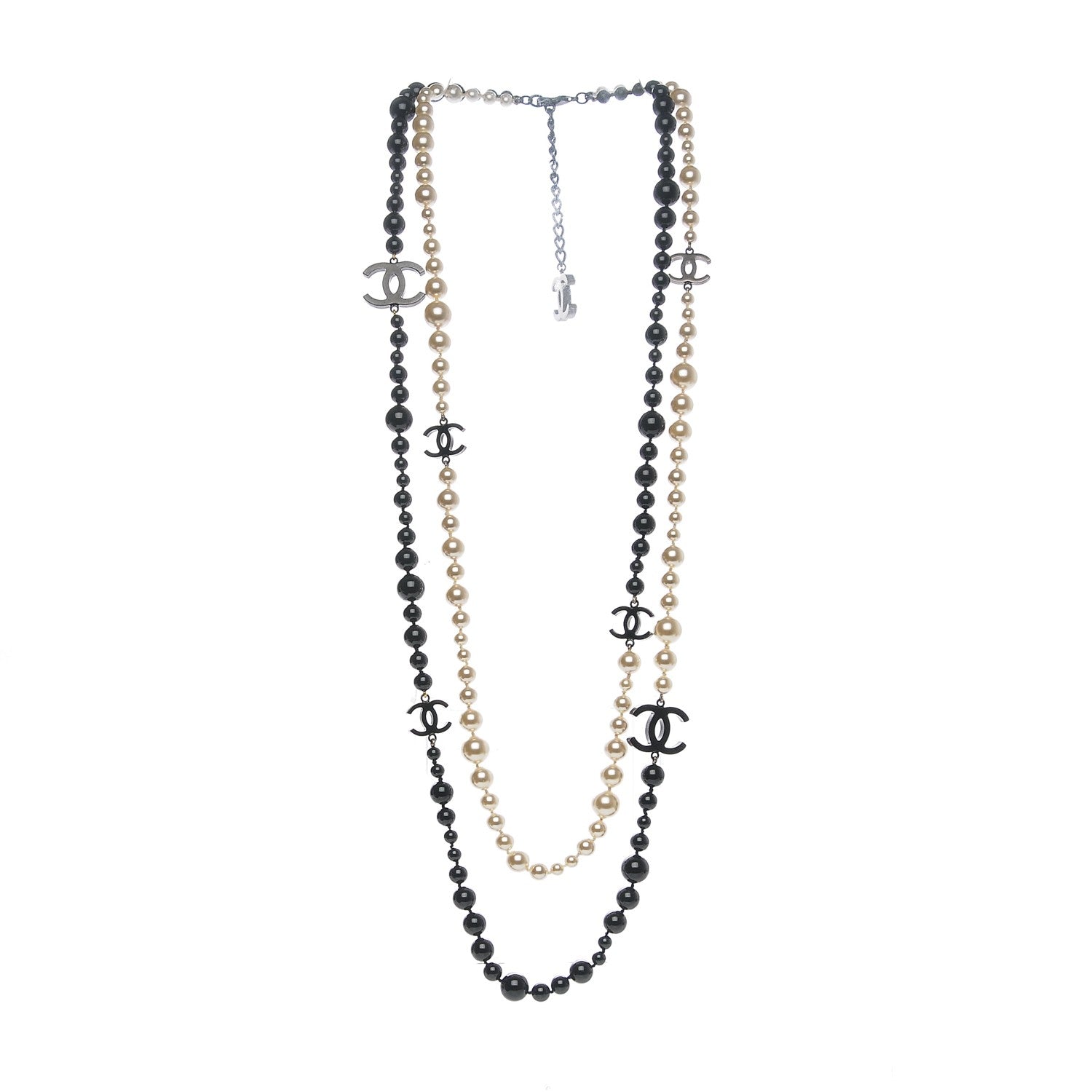 Chanel Pearl Bead CC Long Double Strand Necklace Black White 3 of 6