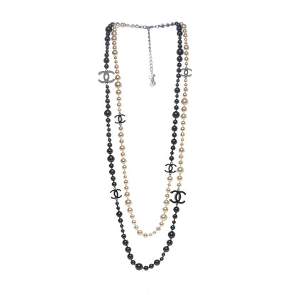 Chanel Pearl Bead CC Long Double Strand Necklace Black White 3 of 6
