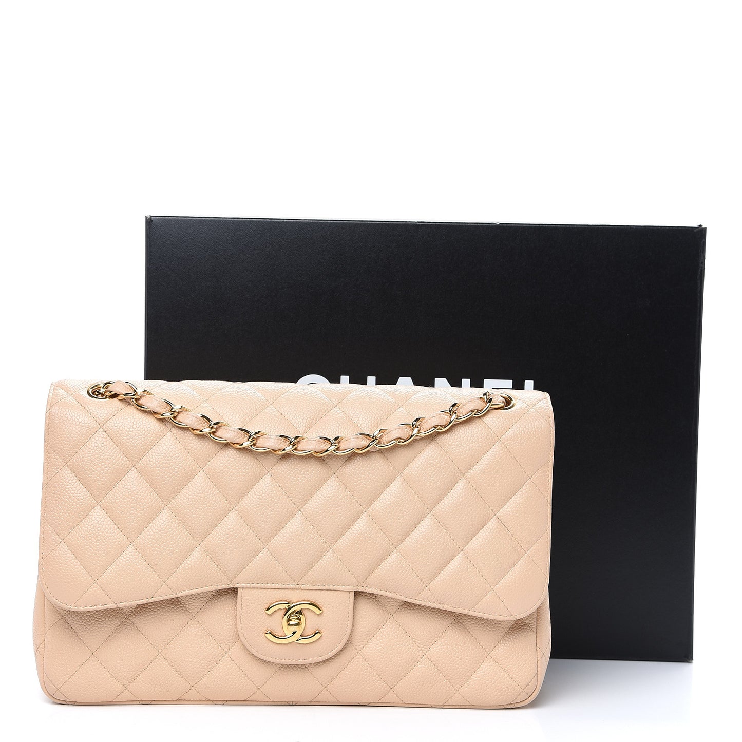 Caviar Quilted Jumbo Double Flap Beige Clair