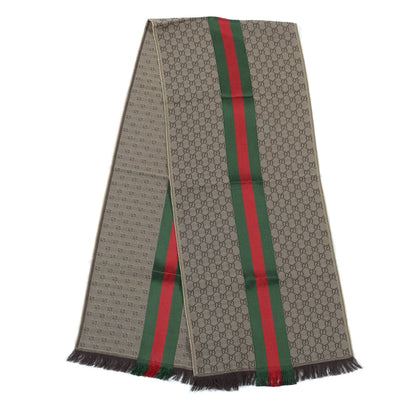 Gucci Wool Silk GG Monogram Web Verbier Fringe Scarf Light Brown Dark Green 2 of 5