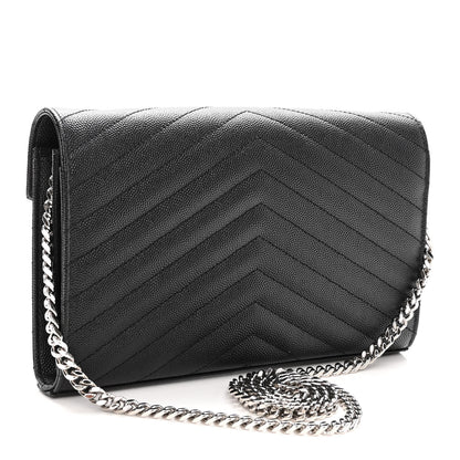 Saint Laurent Grain De Poudre Matelasse Chevron Monogram Chain Wallet Black 3 of 9