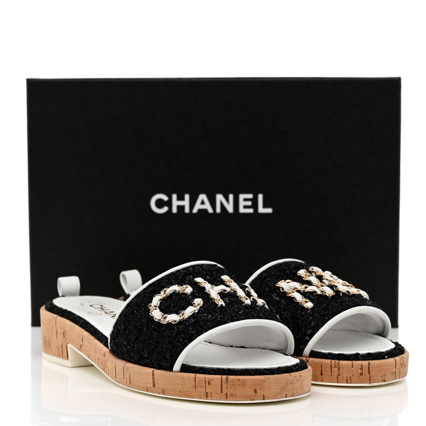 Tweed Cork CC Chain Mule Sandal 37.5 Black