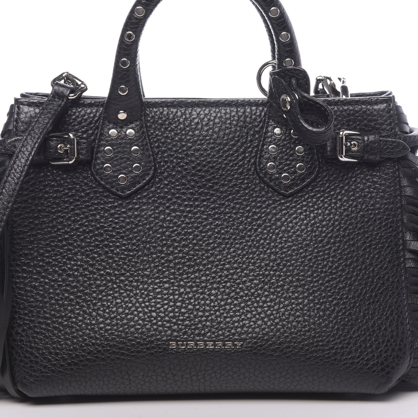Grainy Calfskin Studded Fringe Baby Banner Tote Black