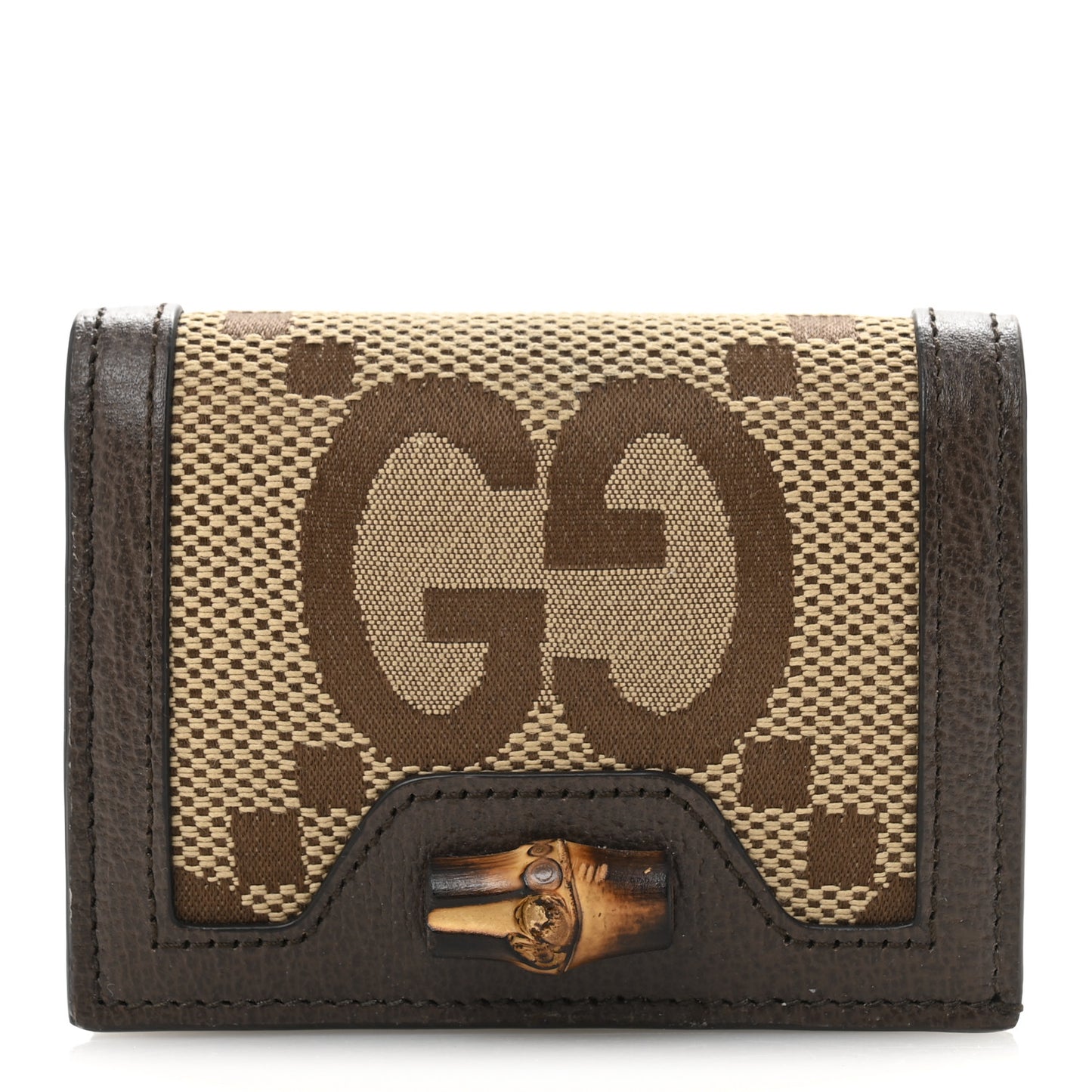 Monogram Jumbo GG Textured Dollar Calfskin Diana Card Case Wallet Camel Ebony New Acero