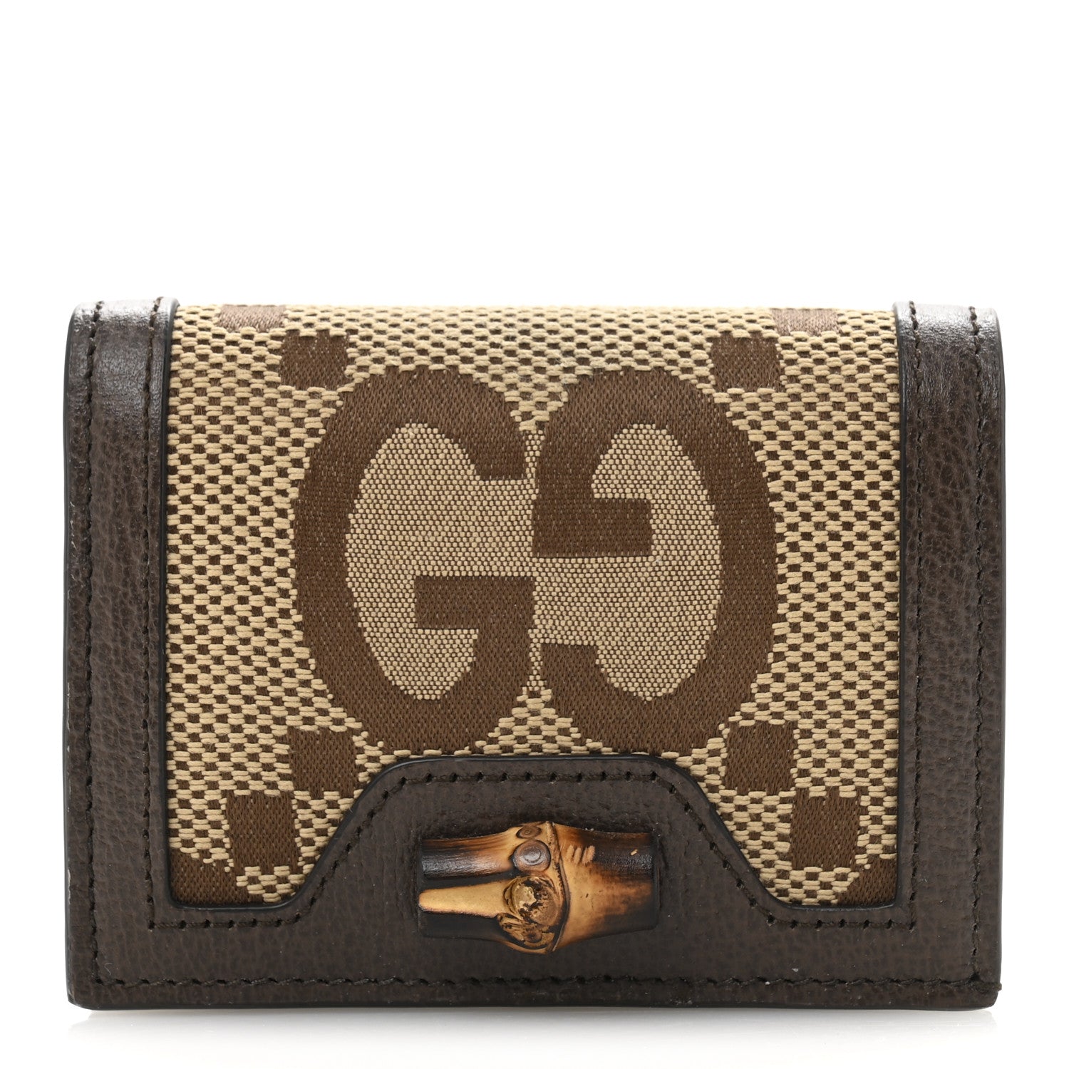 Gucci Monogram Jumbo GG Textured Dollar Calfskin Diana Card Case Wallet Camel Ebony New Acero 1 of 8