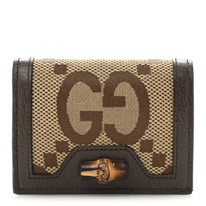 Gucci Monogram Jumbo GG Textured Dollar Calfskin Diana Card Case Wallet Camel Ebony New Acero 1 of 8