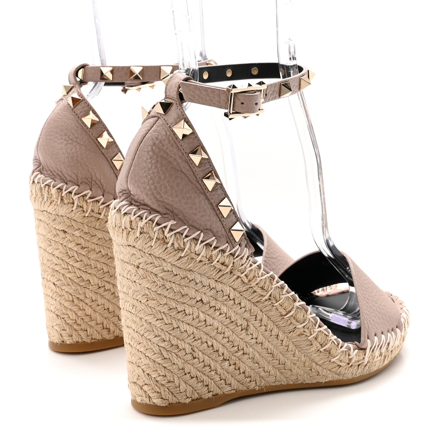 Valentino Garavani Grained Calfskin Rockstud Ankle Strap Espadrille 15/105mm Wedge Sandals 37 Poudre Natural 5 of 10
