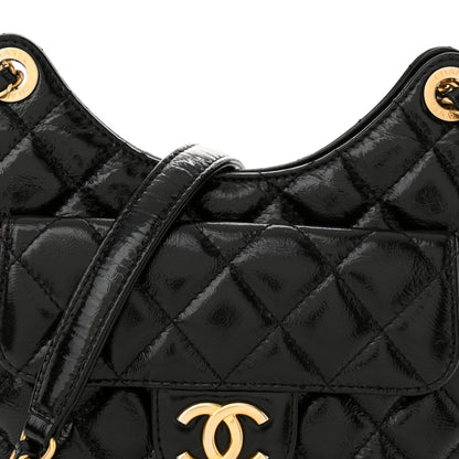 Chanel Shiny Crumpled Calfskin Quilted Small Wavy CC Hobo Black 8 of 11