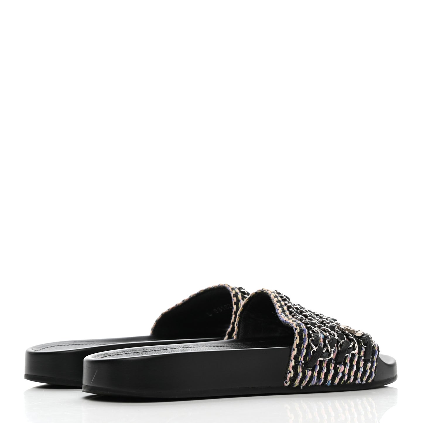 Tweed Lambskin Chain Flat Sandals 35 Black Multicolor