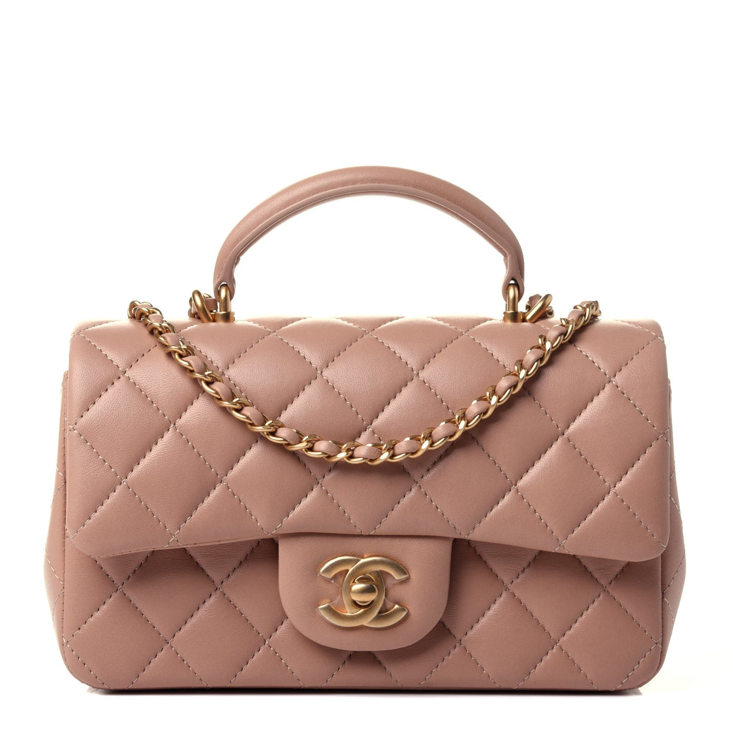 Lambskin Quilted Mini Top Handle Rectangular Flap Beige