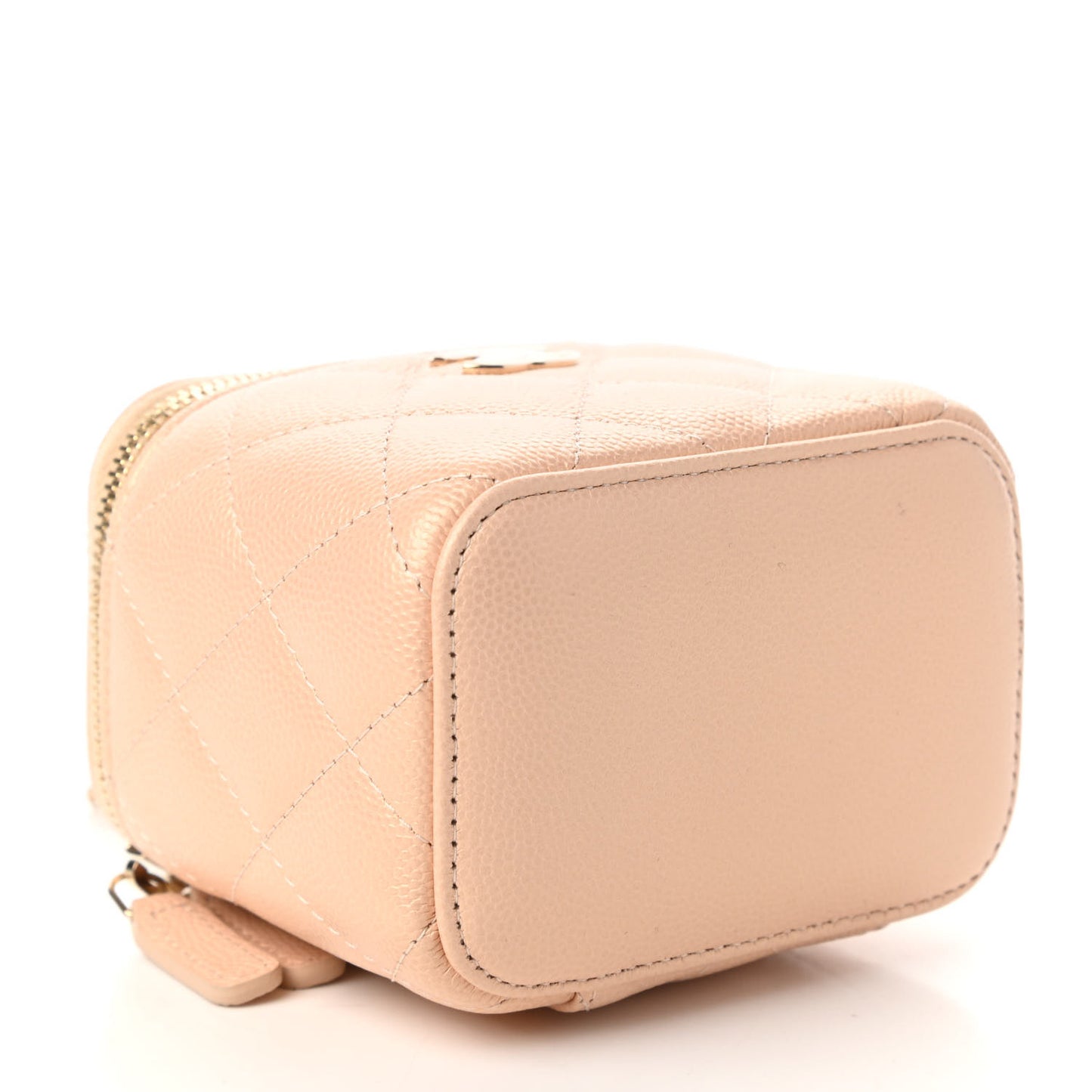 Iridescent Caviar Quilted Mini Pearl On Top Vanity Case With Chain Beige