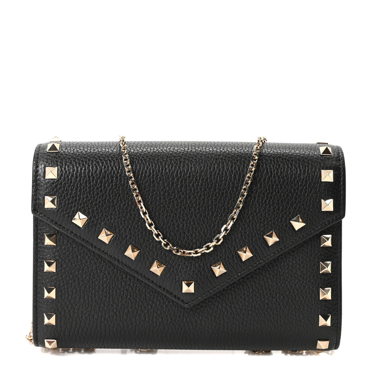 Valentino Garavani Pebbled Calfskin Rockstud Envelope Wallet on Chain Black 1 of 9