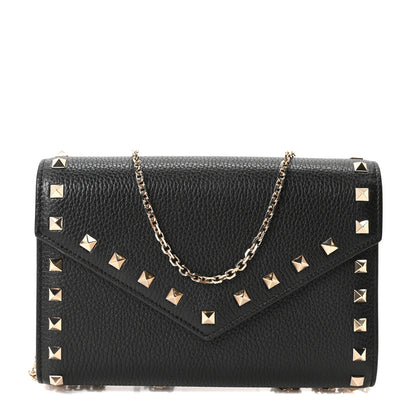Valentino Garavani Pebbled Calfskin Rockstud Envelope Wallet on Chain Black 1 of 9