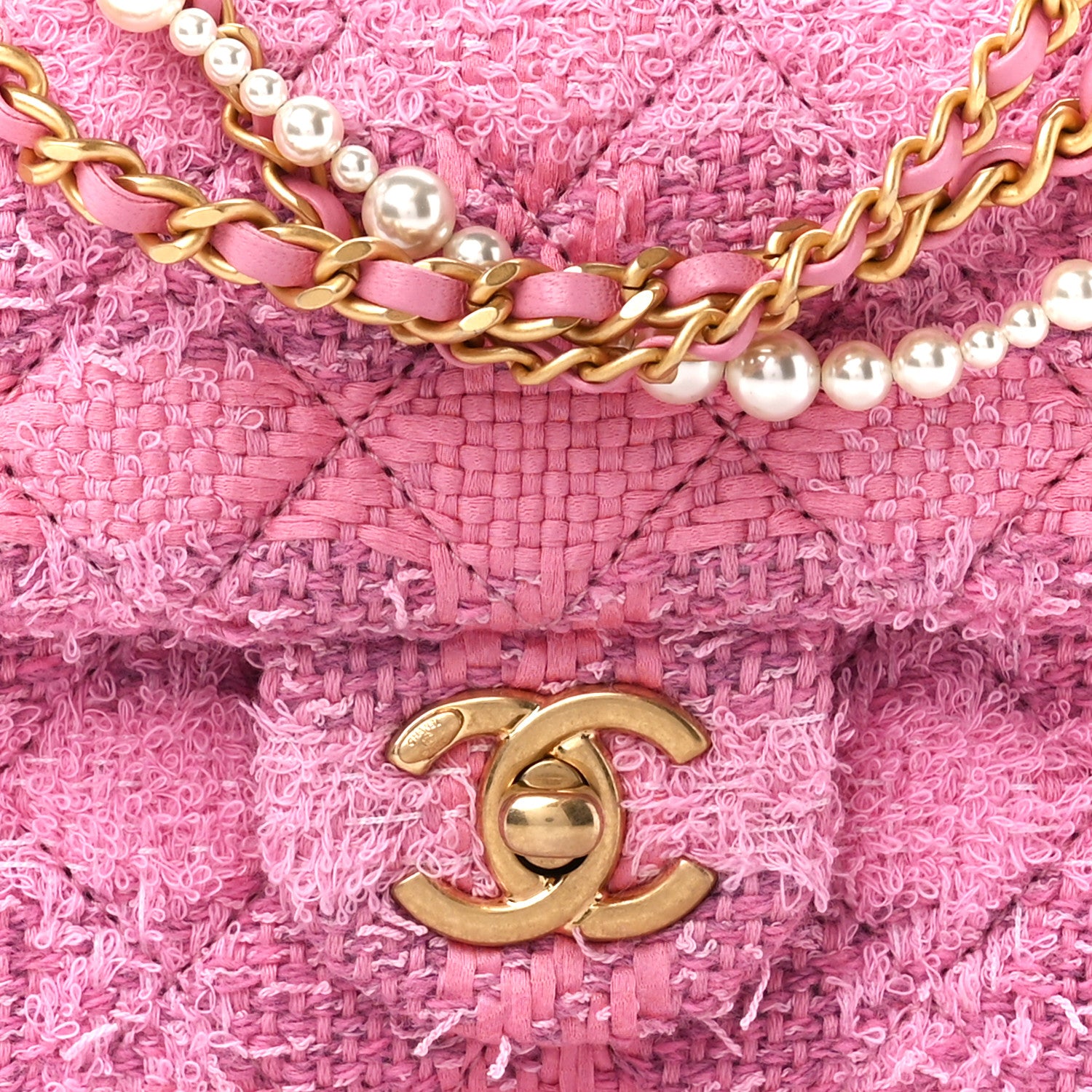 Chanel Tweed Quilted Pearl Twist Mini Square Flap Pink Dark Pink 8 of 11
