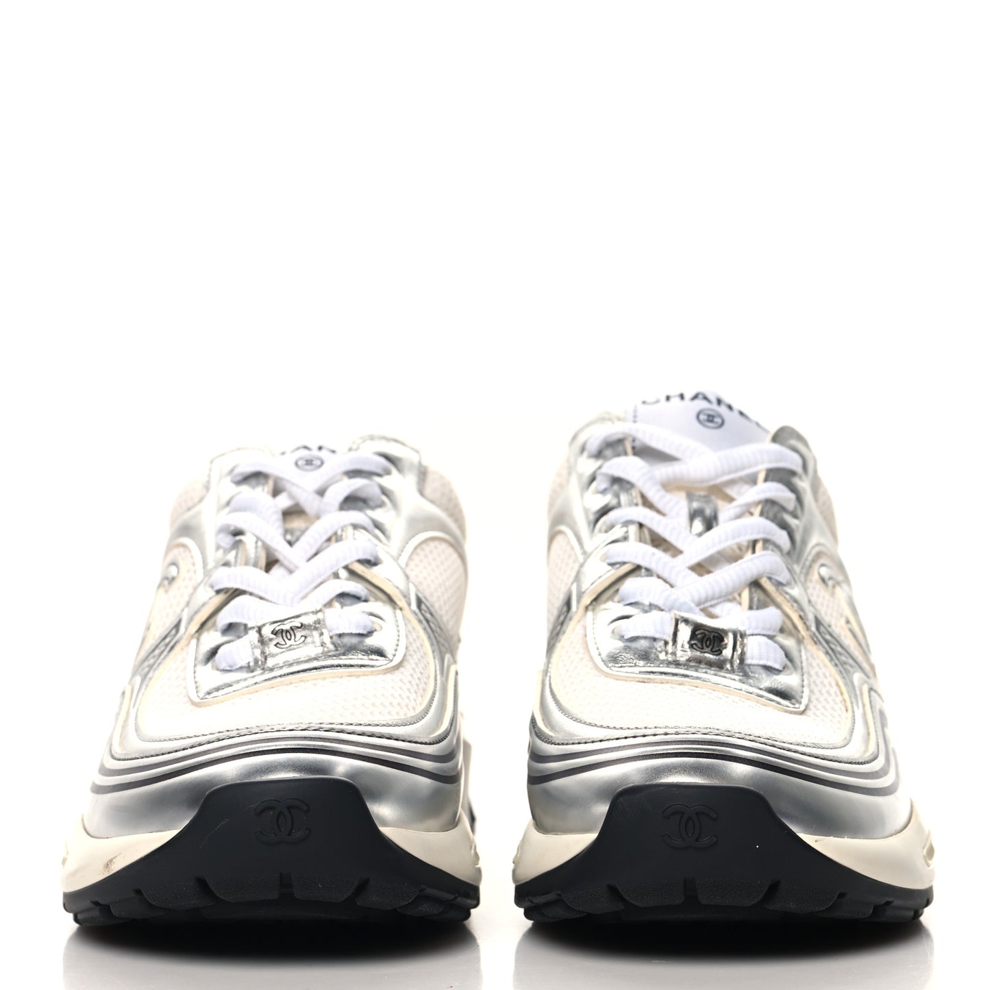 Fabric Laminated Calfskin Stretch CC Sneakers 37 White Silver