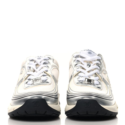 Chanel Fabric Laminated Calfskin Stretch CC Sneakers 37 White Silver 3 of 9