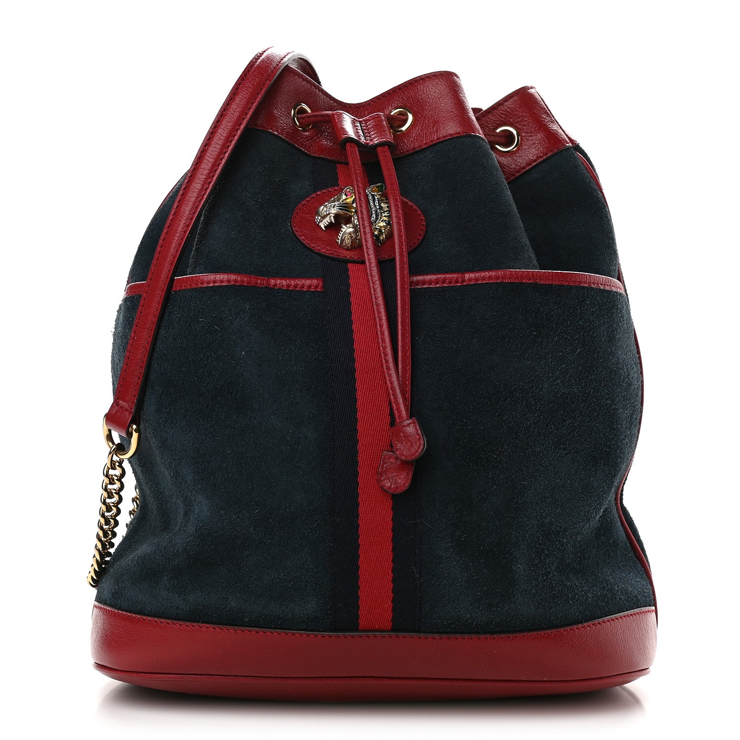 Gucci Suede Calfskin Web Medium Rajah Bucket Bag New Blue Romantic Cherry 1 of 9