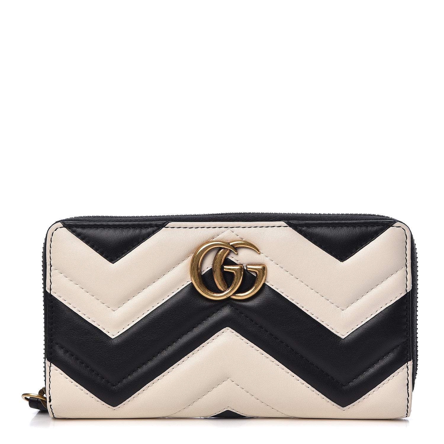 Gucci Calfskin Matelasse GG Marmont Zip Around Organizer Wallet Black White 1 of 8