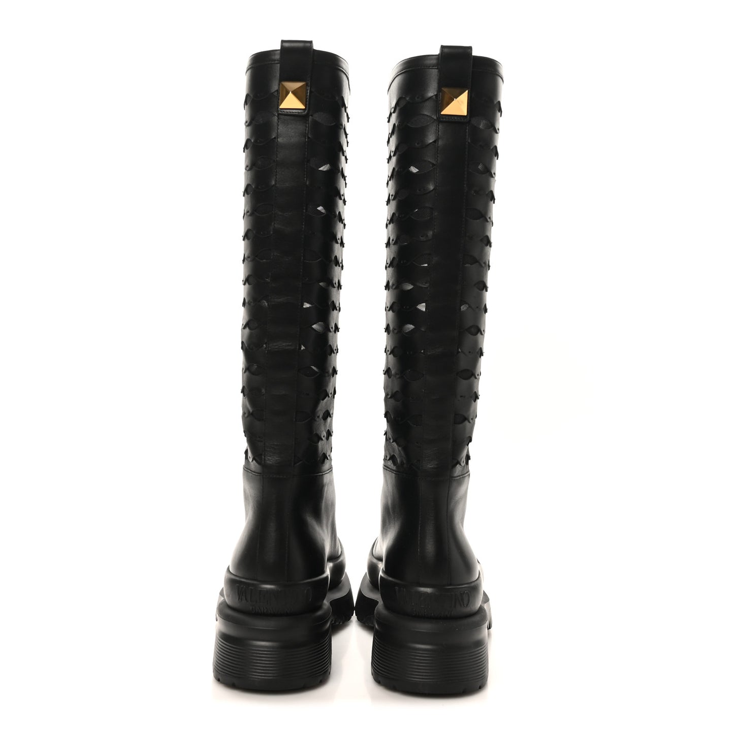 Calfskin Mesh Roman Stud Laser Cut Knee High Boots 37 Black